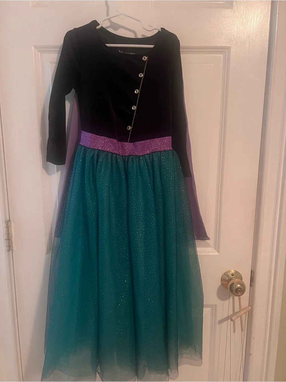 Girls Anna Black & Teal Sparkle Princess Costume with Purple Waistband